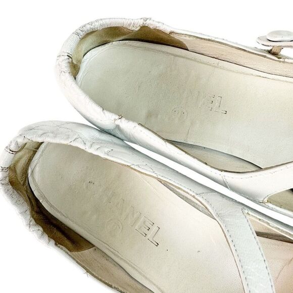 CHANEL White Cambon Maryjane Ballet Flat US 10.5 CC Logo Leather Shoes Round Toe - Picture 6 of 11